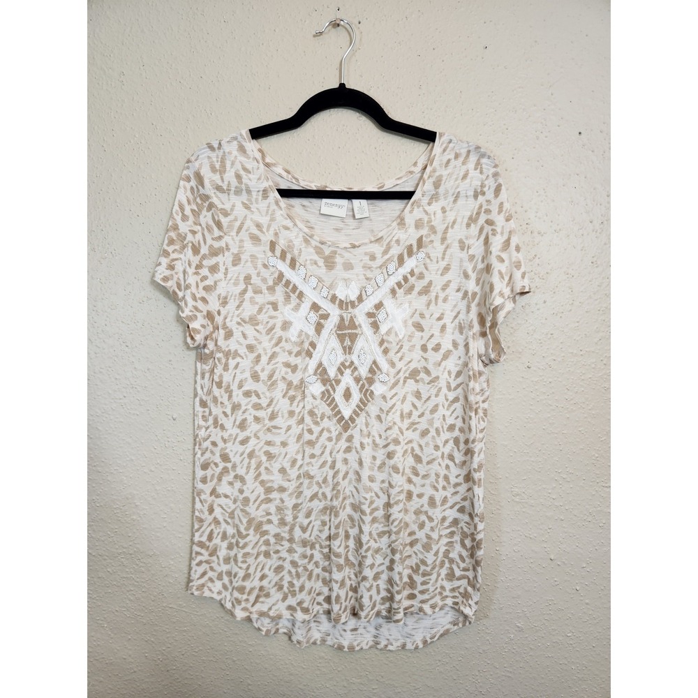 Zenergy by Chicos Womens M Tan Animal Print Beaded Embroidered Slub Knit Top